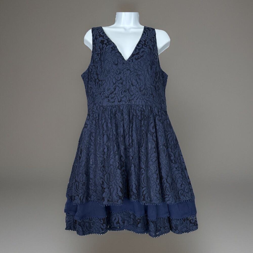 Eliza J Womens Dress 12‎ Navy Blue Tiered Lace Cocktail Whimsy Fairy Romantic